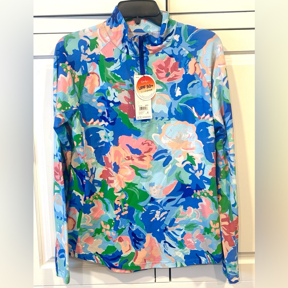 NWT Walter Hagen Blue Gouache Floral P11 Performance UV Protection Quarter Zip